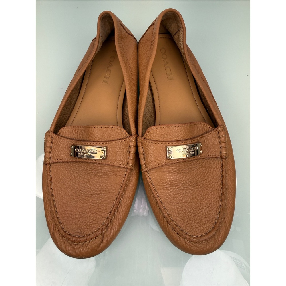 Coach Leather Driving Loafers Tan Gold Logo Plate Womens 9 Preppy Casual - Picture 9 of 11